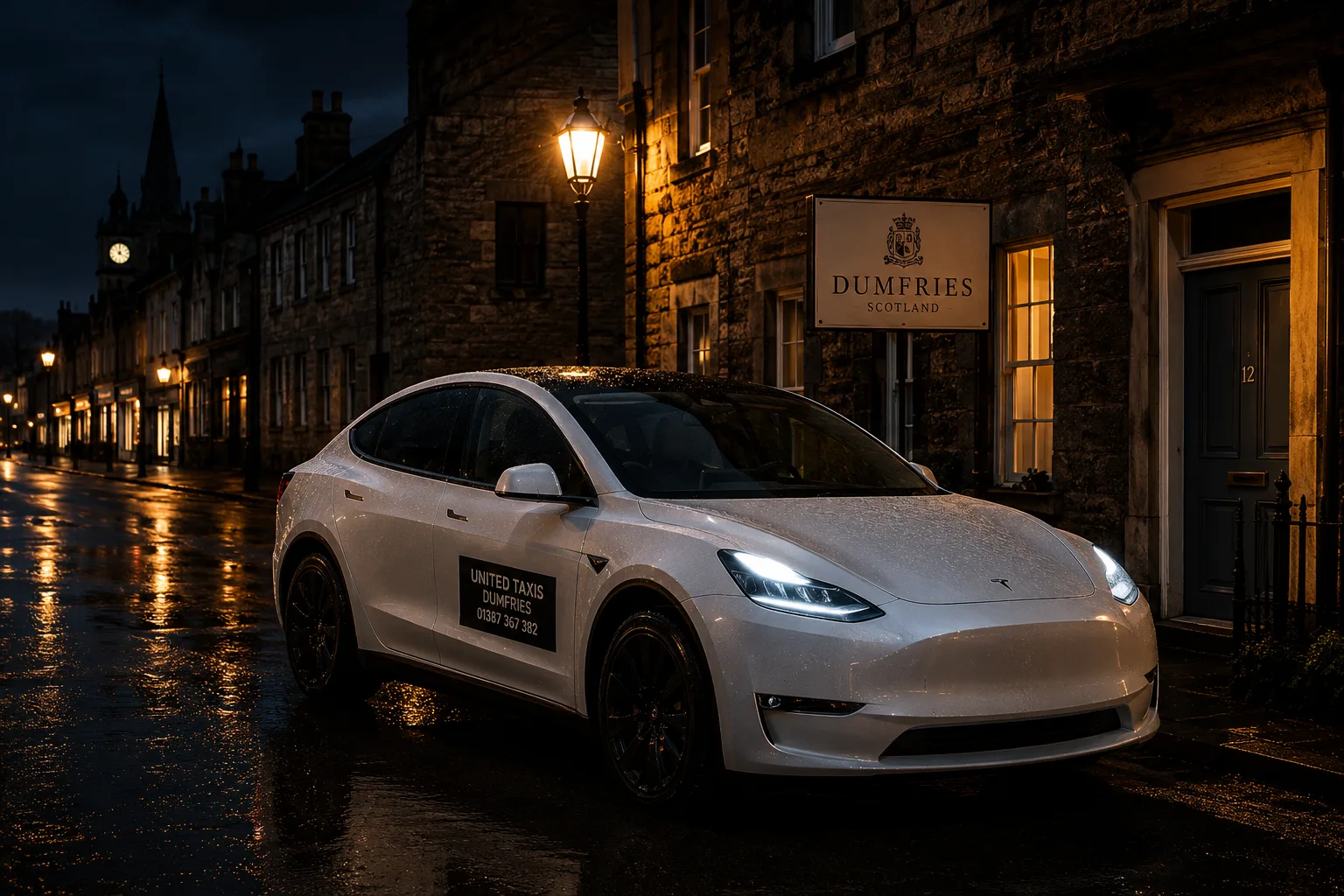 United Taxis Dumfries Tesla on a rain-lit Dumfries street at night