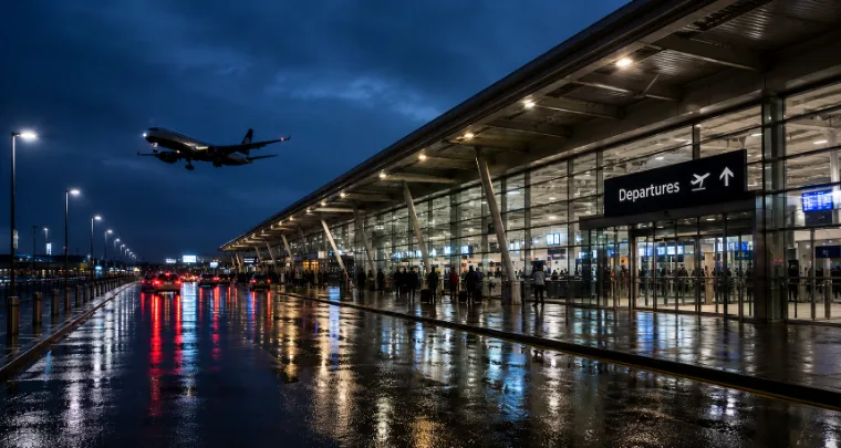 Airport departures terminal at night with a plane landing